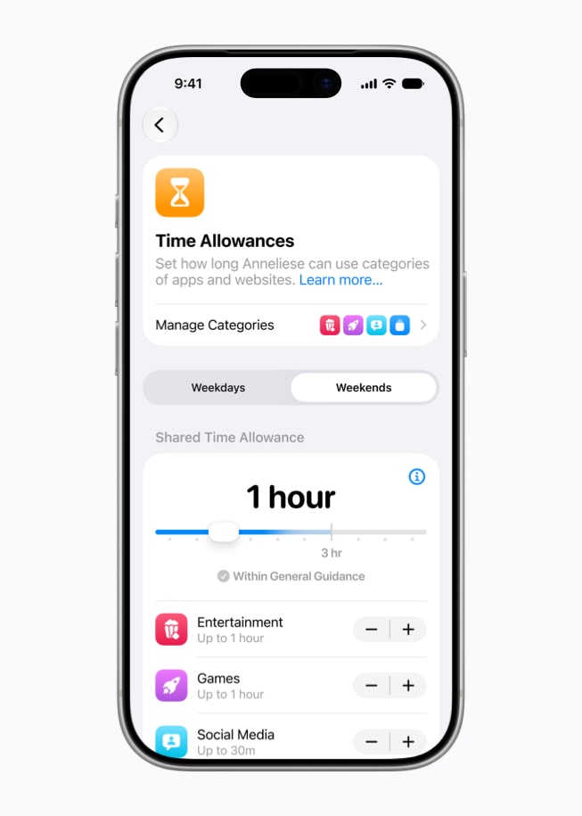 A screen on iPhone 17 Pro shows settings on Time Allowances, with options to manage categories like Entertainment, Games, and Social Media.