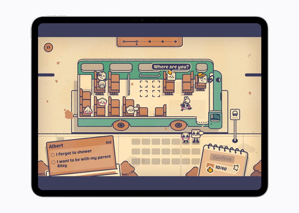The game Is This Seat Taken? on a 13-inch iPad Air shows a cartoon-style interior of a bus with various characters.