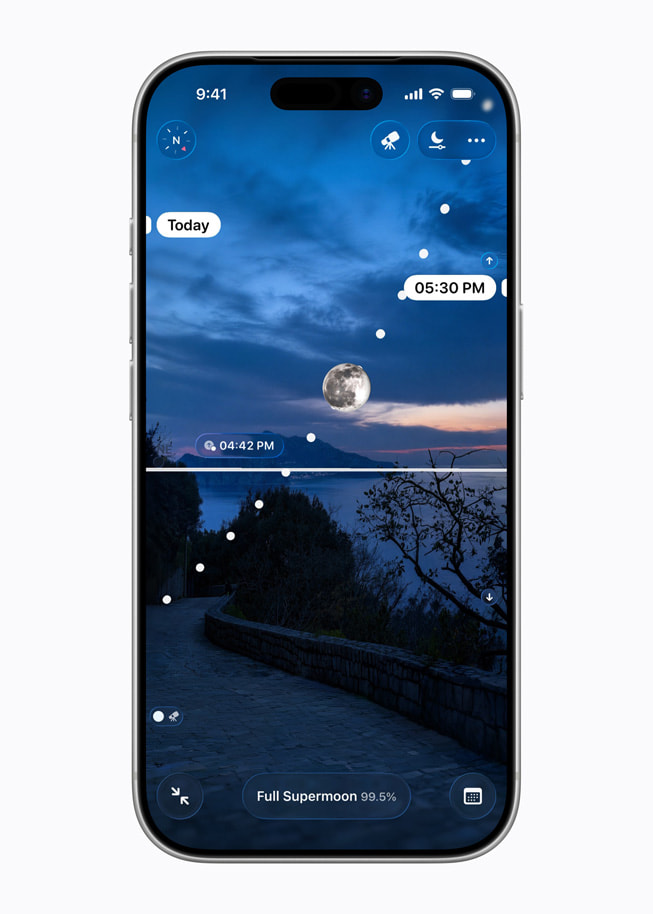 The Moonlitt: Moon Phase Tracker app on iPhone 17 Pro shows a split view of the night sky with the moon and a ground-level view of a road at night.
