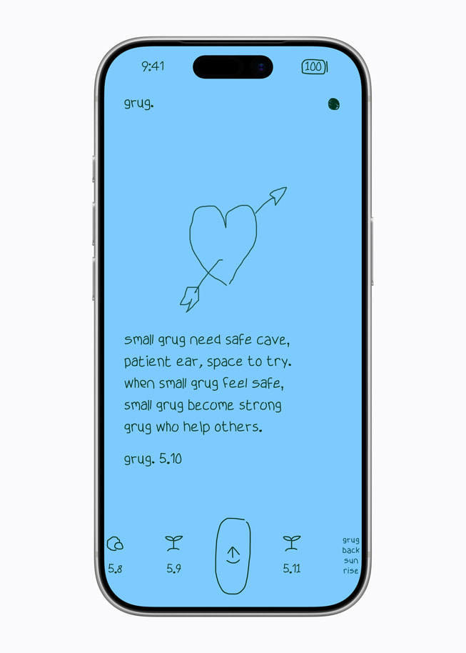 The grug app on iPhone 17 Pro shows a light blue screen with a drawing of a heart pierced by an arrow and a short poem.