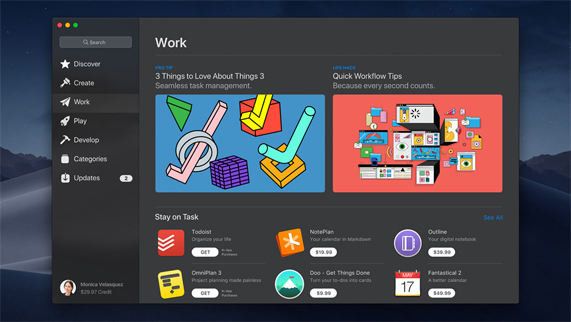 Le nouvel onglet Travailler affiché dans le Mac App Store