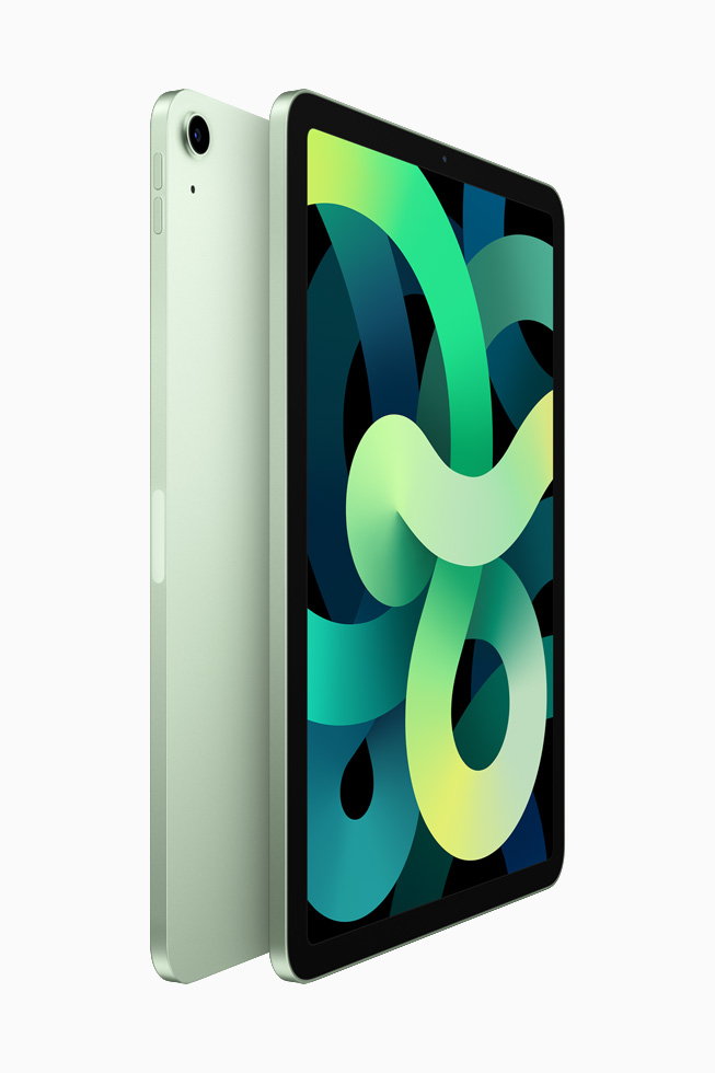 Twee iPad Airs in groen met de achterzijde tegen elkaar aan. 
