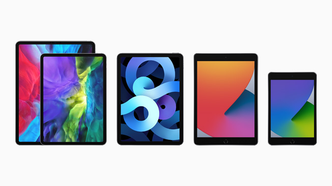Alle modellen op een rij; iPad Pro, iPad van de achtste generatie, iPad mini en iPad Air.