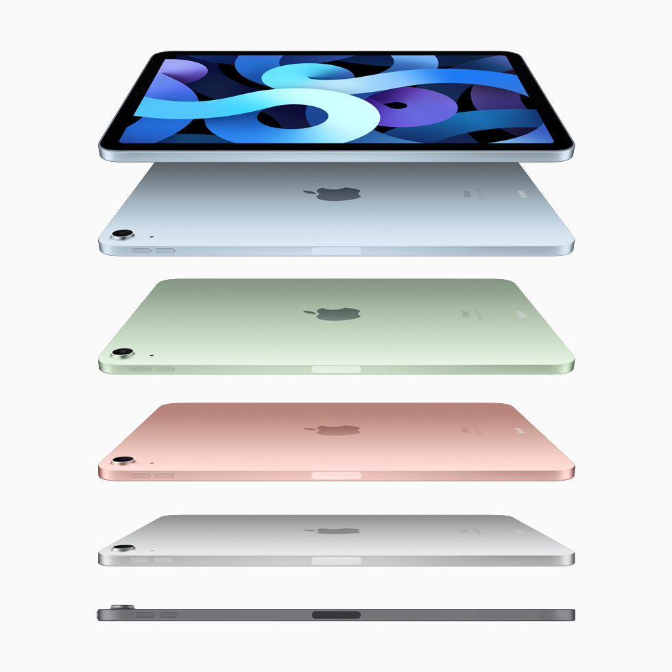 iPad Air in hemelsblauw, groen, roségoud, zilver en spacegrijs.