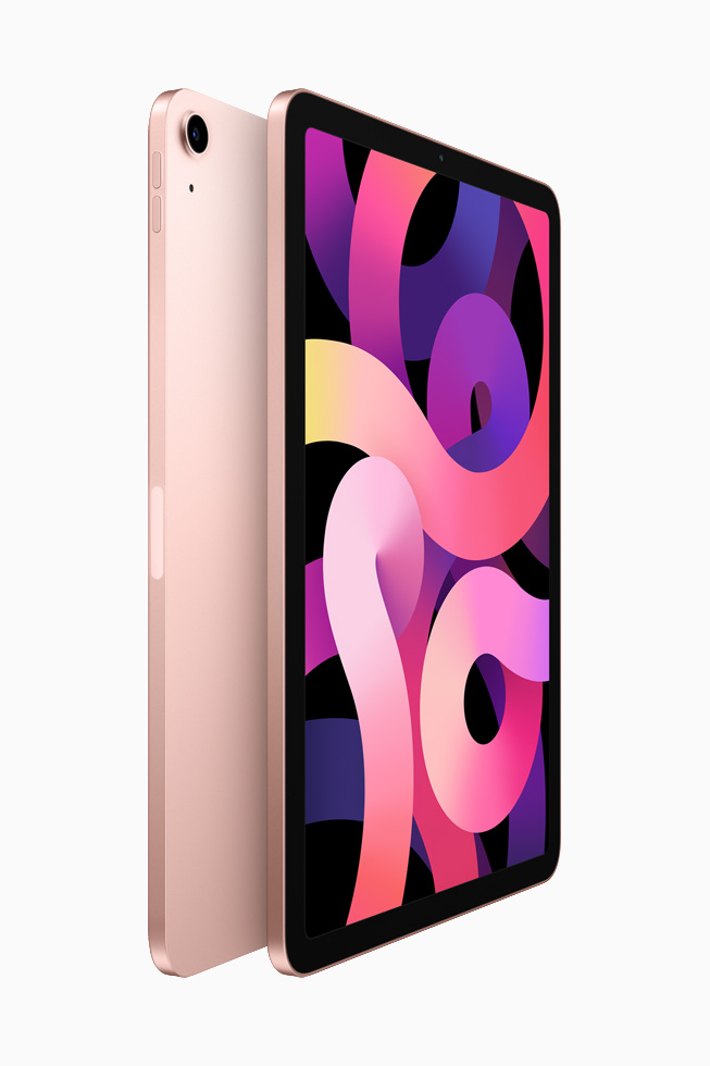 Twee iPad Airs in roségoud met de achterzijde tegen elkaar aan. 