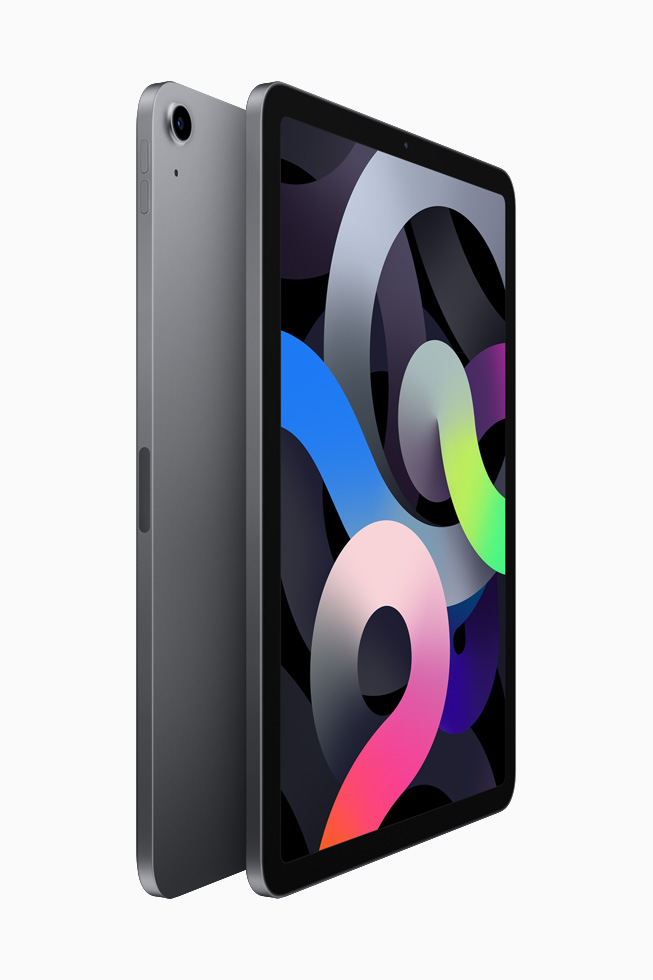 Twee iPad Airs in spacegrijs met de achterzijde tegen elkaar aan. 