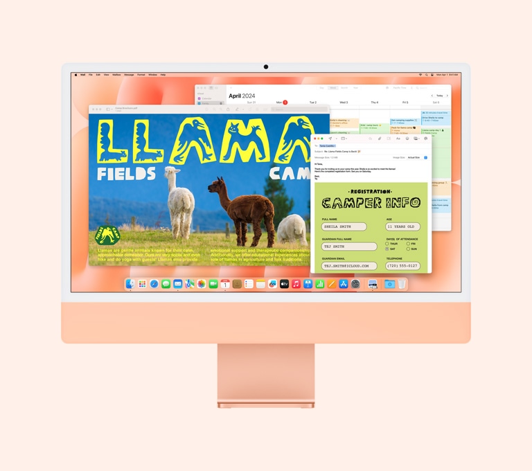 iMac Portocaliu: pe ecran rulează aplicațiile Preview, Mail și Calendar.