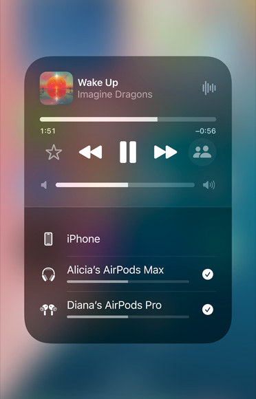AirPlay screen on iPhone showing how to easily share an audio stream between two sets of AirPods.