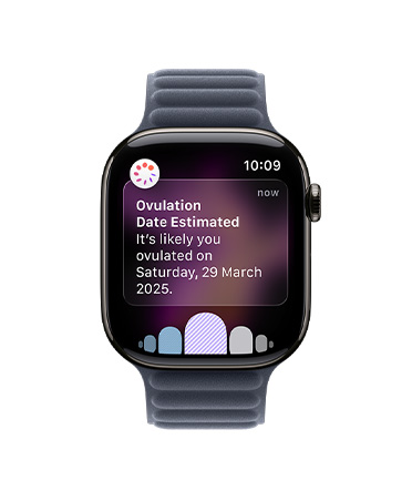 Apple Watch Series 11, natural colour, titanium case, ovulation date estimation notification from Cycle Tracking in Health app, Digital Crown, strap, Magnetic Link, navy colour