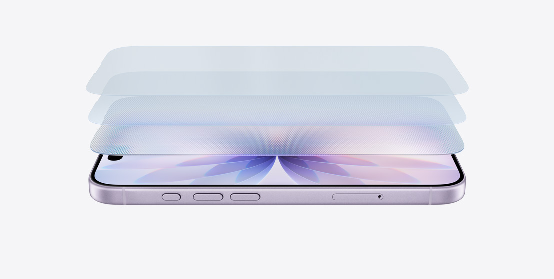 iPhone 17 สีลาเวนเดอร์ที่วางตะแคงข้างในแนวนอน, แสดงให้เห็นดีไซน์ที่ซ้อนกันเป็นชั้นๆ ของ Ceramic Shield 2
