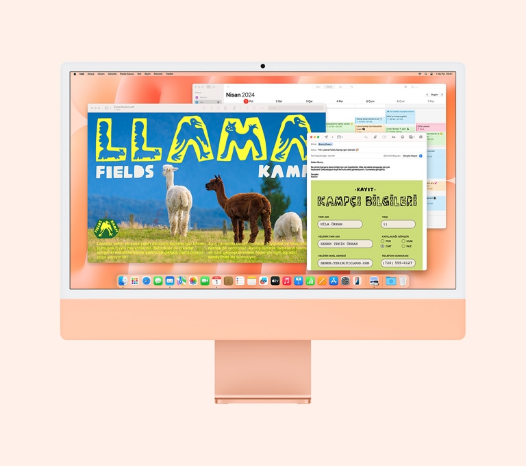 Turuncu iMac: Ekranda Önizleme, Mail ve Takvim uygulamalarının kullanıldığı görülüyor.