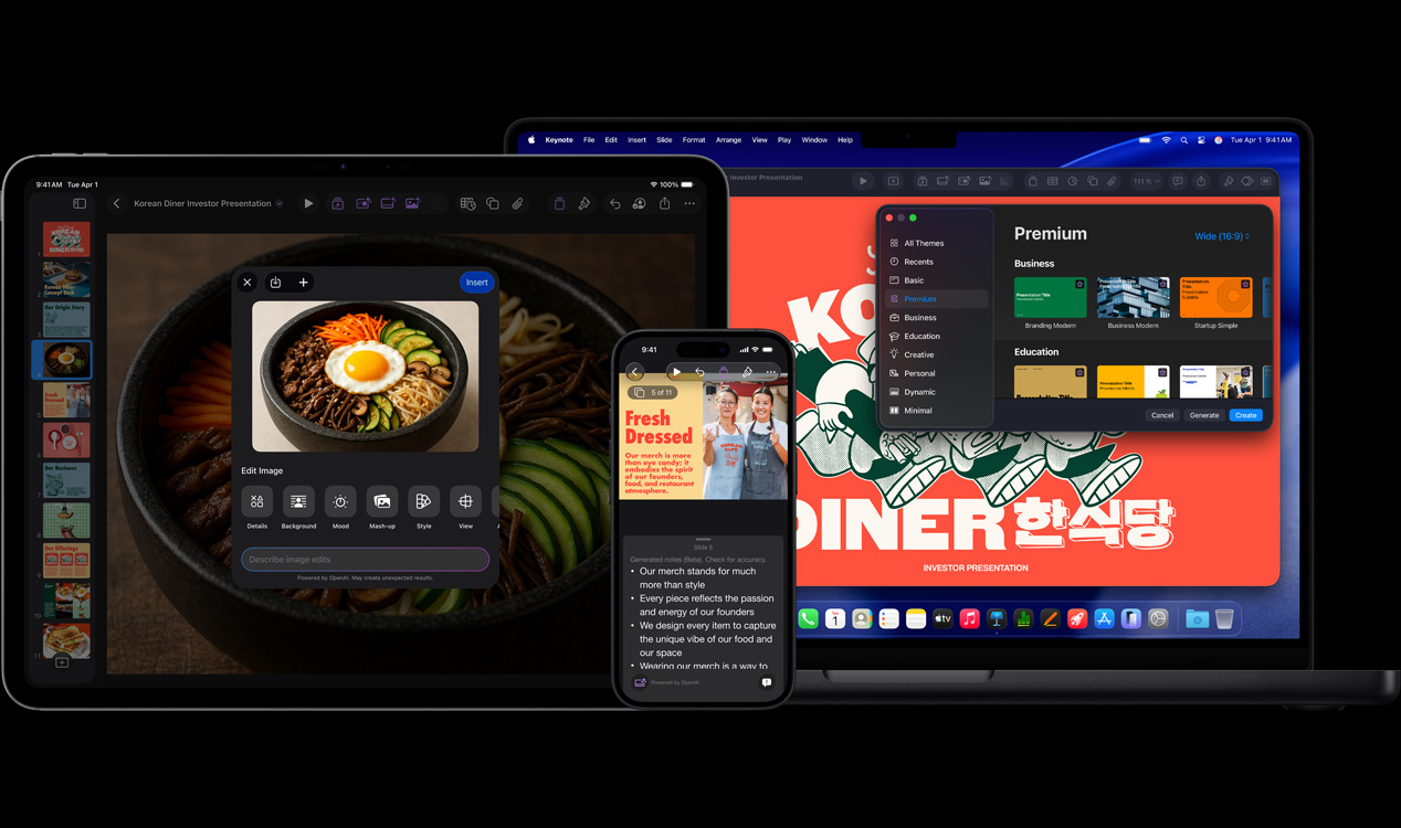 Schermo di un iPad Pro 13 che mostra Keynote con un’immagine generativa di una scodella di verdure e un uovo fritto; schermo di un iPhone 16 che mostra Keynote con la foto di due persone e le note di chi presenta; schermo di un MacBook Pro 16 che mostra una presentazione Keynote con la inestra Temi aperta