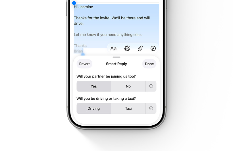 Az Intelligens válasz Mail alkalmazásbeli lehetőségei egy iPhone-on.