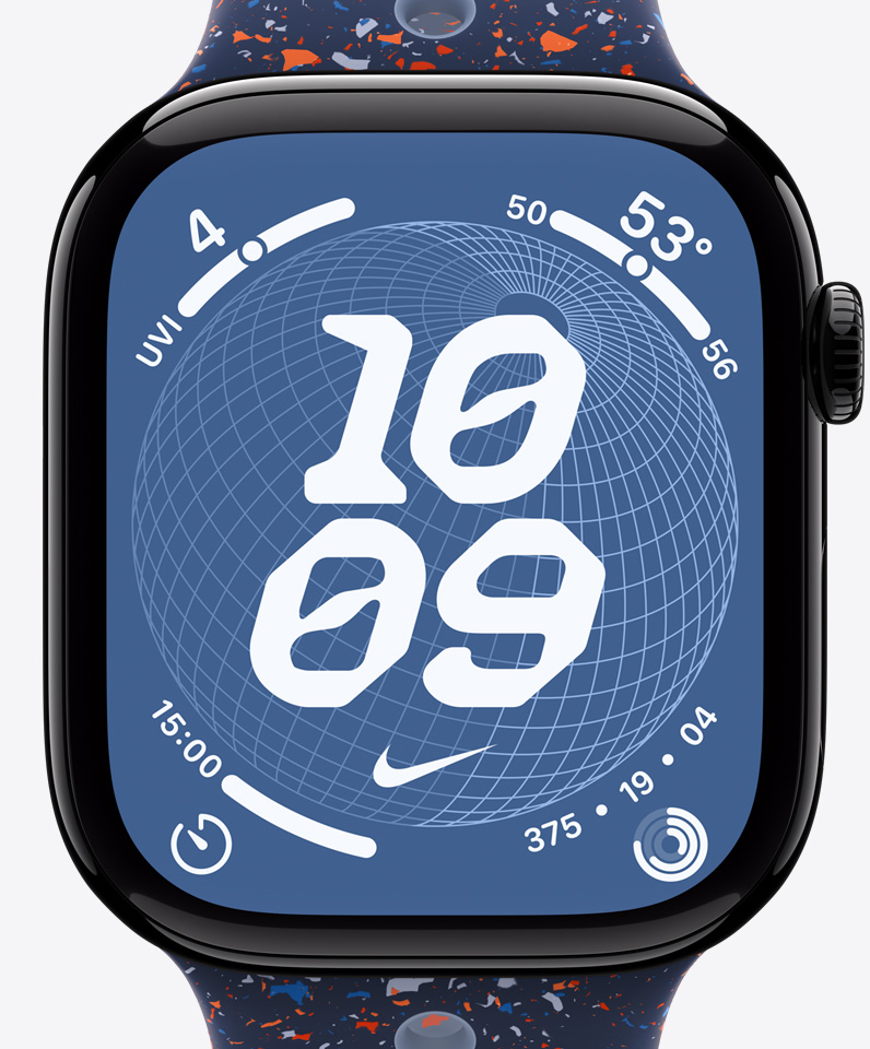 Nike Globe watch face, time, Nike Swoosh, complications: UV index, weather, timer, Activity rings