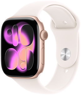 Apple Watch Series 11, χρώμα ροζ χρυσό, κάσα από αλουμίνιο, πρόσοψη ρολογιού Responsive Art, εξωτερική δεξιά πλαϊνή όψη, Digital Crown, μικρόφωνο, πλευρικό κουμπί, λουράκι Sport Band, χρώμα αιθέριο ροζ, ασημί κλείσιμο που κρύβει την καρφίτσα