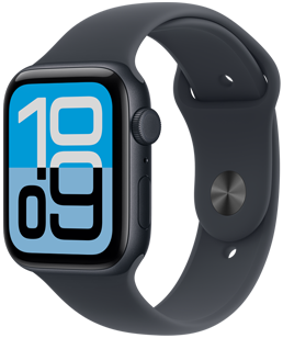 Apple Watch SE 3, κάσα από αλουμίνιο, χρώμα μαύρο του μεσονυκτίου, πρόσοψη ρολογιού Flux, εξωτερική δεξιά πλαϊνή όψη, Digital Crown, μικρόφωνο, πλευρικό κουμπί, λουράκι Sport Band σε χρώμα μαύρο του μεσονυκτίου, ασημί κλείσιμο που κρύβει την καρφίτσα