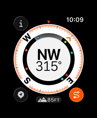 Backtrack-feature, meetgegevens: kompas, hoogtemeters, gemarkeerde routepunten