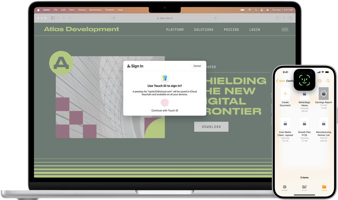 Touch ID-ablakot megjelenítő MacBook elölnézetből. A MacBook előtt egy iPhone van a Face ID-képernyőjével.