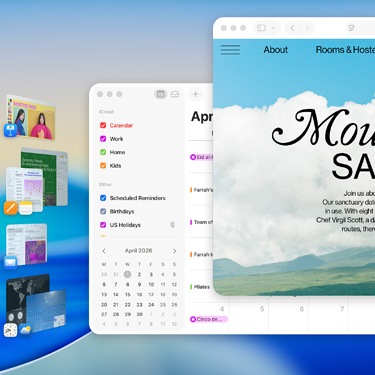 Plusieurs fenêtres et apps sont affichées sur un écran, notamment Keynote, Pages, Mail et un site web présentant un lieu paisible.