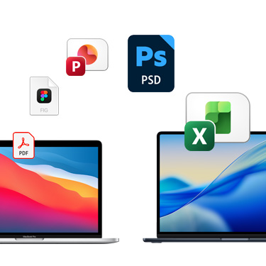 Vue avant de deux MacBook côte à côte avec des fonds d’écran colorés différents. Des icônes de fichiers sont affichées en arc de cercle au-dessus des MacBook. Parmi ces icônes figurent un fichier Acrobat, un fichier Quickbooks, un fichier PowerPoint, un fichier Photoshop et un fichier Excel.
