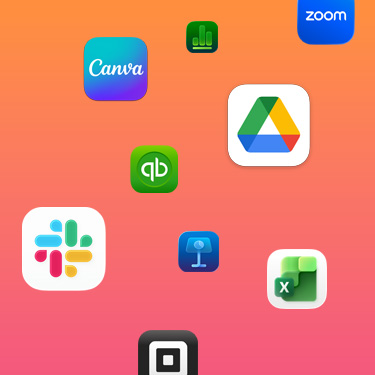 Icônes d’apps de productivité parmi lesquelles Slack, Canva, Google Workspace, Zoom, Quickbooks, Keynote, Excel, Square et Numbers sur un fond coloré.