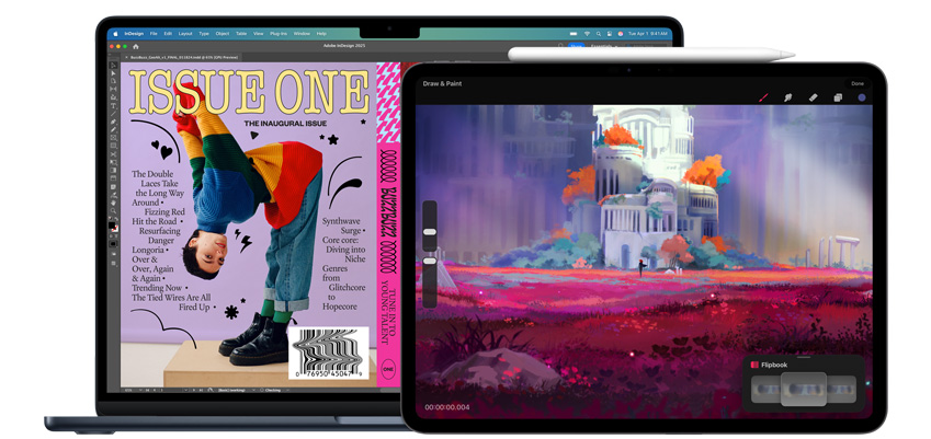 MacBook e iPad com apps de design, com um Apple Pencil Pro ao lado do iPad.