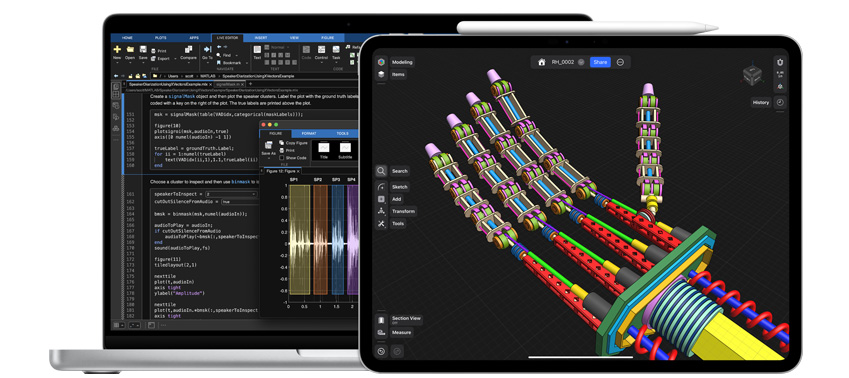 Apps für Wissenschaft, Technologie, Technik und Mathematik werden auf einem MacBook und einem iPad gezeigt, mit einem Apple Pencil Pro neben dem iPad.