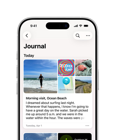 App Diario abierta en una entrada, imágenes de un día de playa y texto sobre un sueño en un iPhone