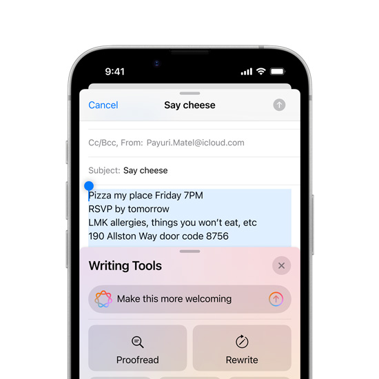 Vue partielle de l’écran d’un iPhone 16e montrant les capacités des Outils d’écriture Apple Intelligence.