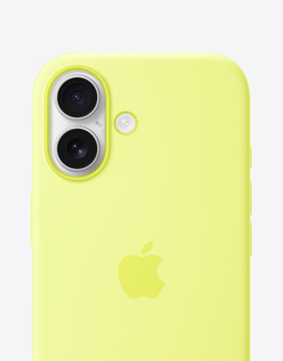 iPhone 17, achterkant, siliconenhoesje in de kleur geel, Dual Fusion-camerasysteem linksboven, Apple logo in het midden