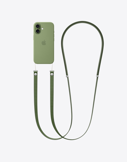 iPhone 17, achterkant, groen hoesje, groen CrossBodykoord eraan bevestigd
