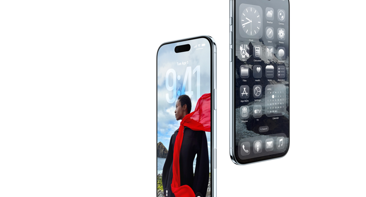 To iPhone Air-modeller vist forfra, fra siden vises den tynde profil, den dynamiske låseskærm og hjemmeskærmen med Liquid Glass-apps