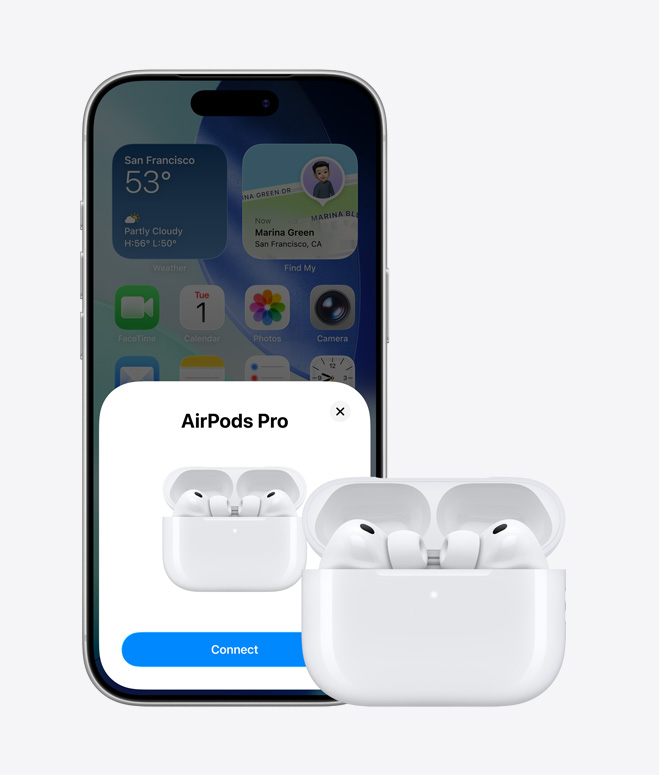 „iPhone 17 Pro“, priekinė išorinė dalis, pradžios ekranas fone, ekrane iškilęs „AirPod“ prijungimo langas, „AirPods“ atidarytoje dėžutėje šalia „iPhone“