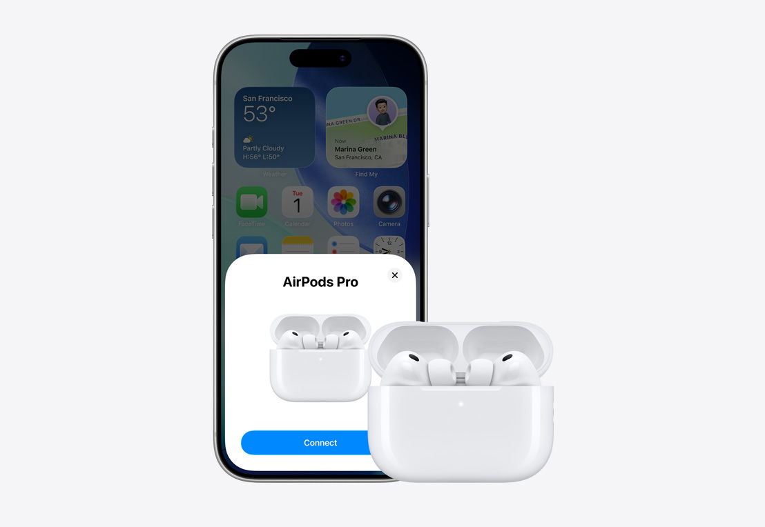 „iPhone“ priekinė dalis, „AirPod“ prijungimo langas ekrane, „AirPods“ atvirame dėkle šalia „iPhone“
