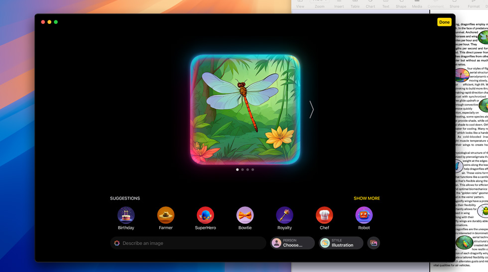 Δημιουργία μιας εικόνας λιβελούλας με το Apple Intelligence Image Playground