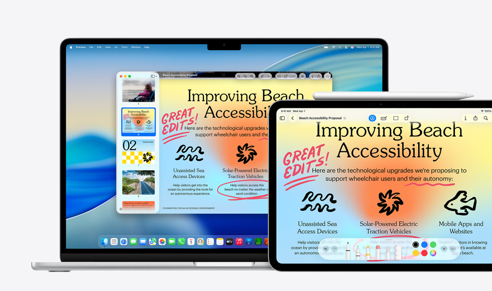 Varios dispositivos Apple, la misma imagen en cada dispositivo, se usó un Apple Pencil para hacer una anotación en la imagen en el iPad, la anotación aparece también en los demás dispositivos