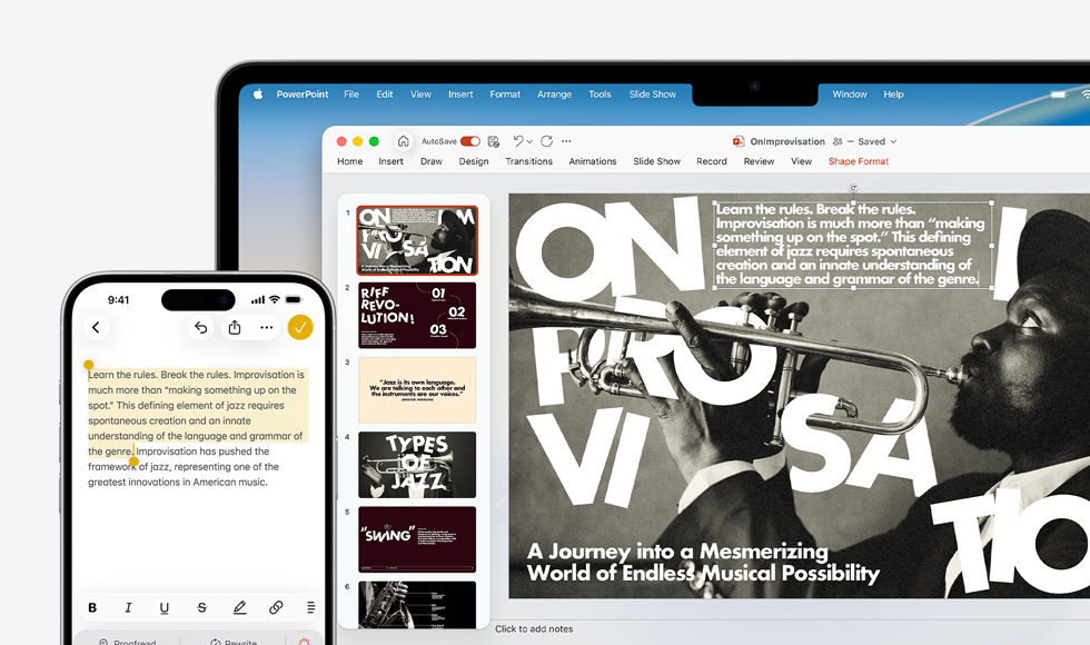 iPhone 16 Plus con texto resaltado en la app Notas, MacBook Air con una diapositiva de Keynote abierta, el texto de la app Notas aparece en la diapositiva 