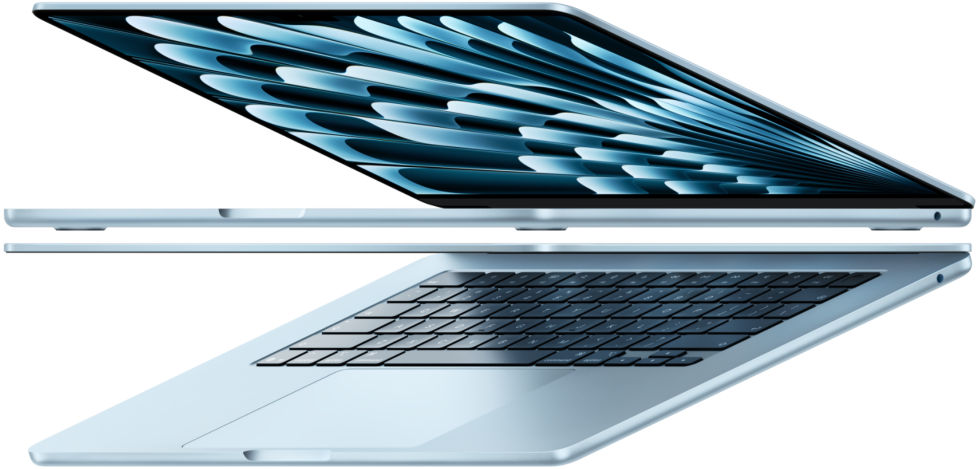 Κινούμενο γραφικό με δύο laptop MacBook Air σε Γαλάζιο χρώμα να ανοίγουν σε σχήμα βέλους, με έμφαση στο στενό τους προφίλ
