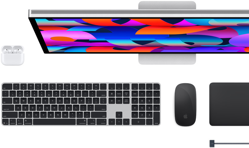 Acessórios para Mac: AirPods, Studio Display, Magic Keyboard, Magic Mouse, Magic Trackpad, Cabo de carregamento MagSafe