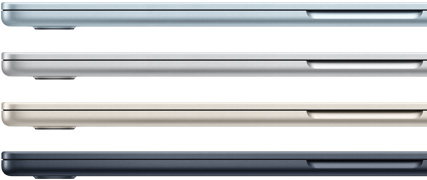 Πλάγιες όψεις από τέσσερα laptop MacBook Air, οι οποίες παρουσιάζουν τέσσερα διαφορετικά φινιρίσματα