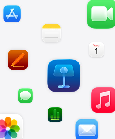 Aplikasi Apple: Keynote, Pages, Numbers, Musik, Foto, Catatan, Kalender, Mail, FaceTime, Pesan, App Store