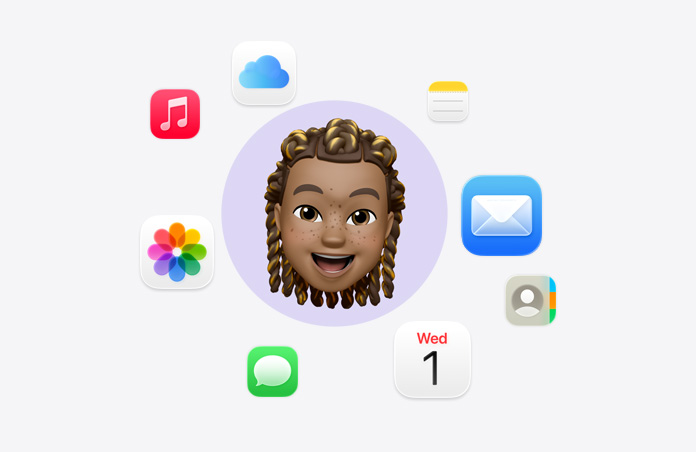 Emoji wajah tersenyum yang dikelilingi oleh berbagai ikon aplikasi: Musik, iCloud Drive, Catatan, Mail, Kontak, Kalender, Pesan, dan Foto