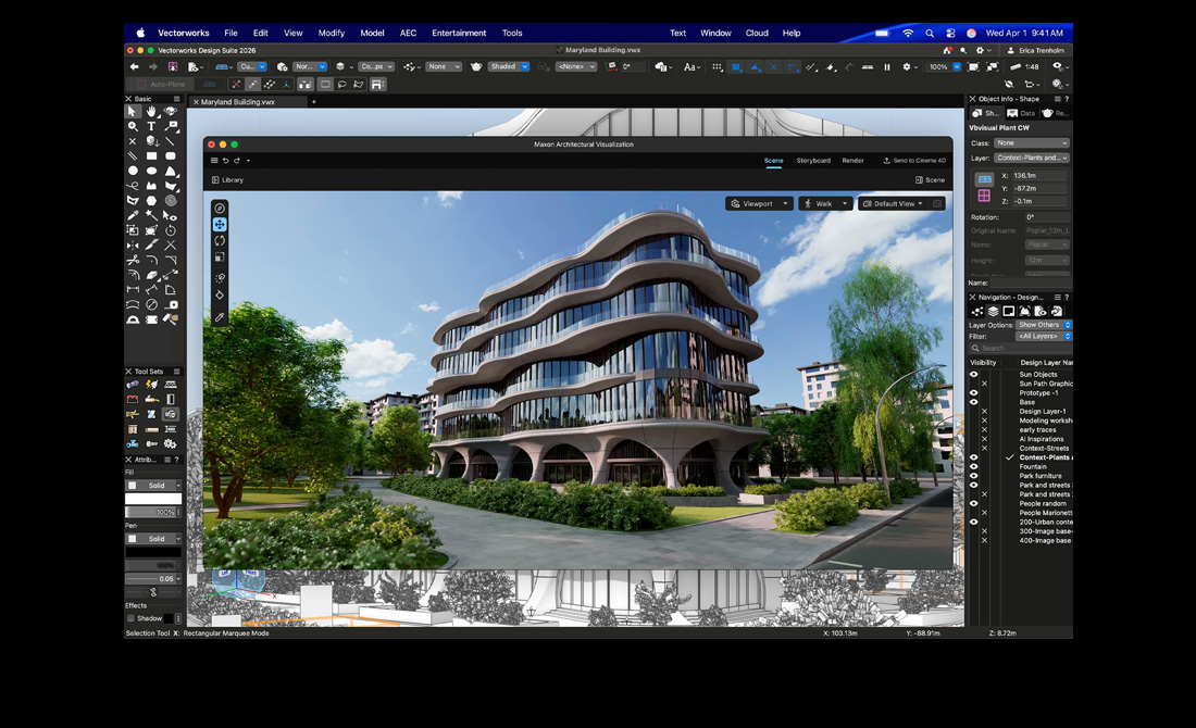 MacBook Pro 螢幕展示配以 Maxon Redshift 的 Vectorworks Design Suite