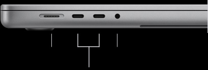 MacBook Pro 16-inch, closed, left side, showing MagSafe 3 port, two Thunderbolt 5 ports and headphone jack