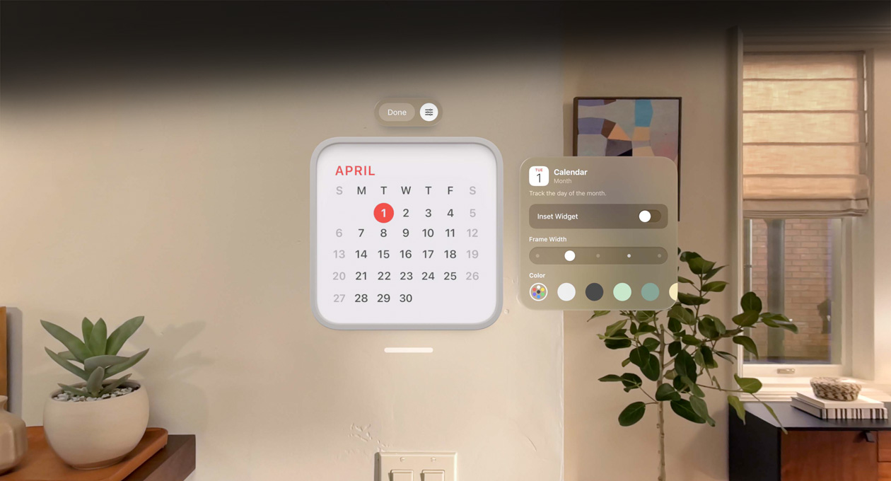 Calendar widget reading: 1st April floats on wall, reminder widget above, personalisation options to change frame thickness and colour to right