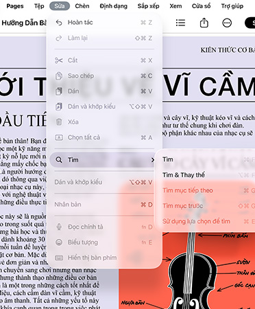 Cận cảnh thanh menu với các tùy chọn Hoàn Tác, Làm Lại, Cắt, Sao Chép, Dán và các tùy chọn khác